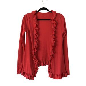 Stephanie B Red Ruffled Open Front Cardigan Sweater S 100% Pima Cotton Layer